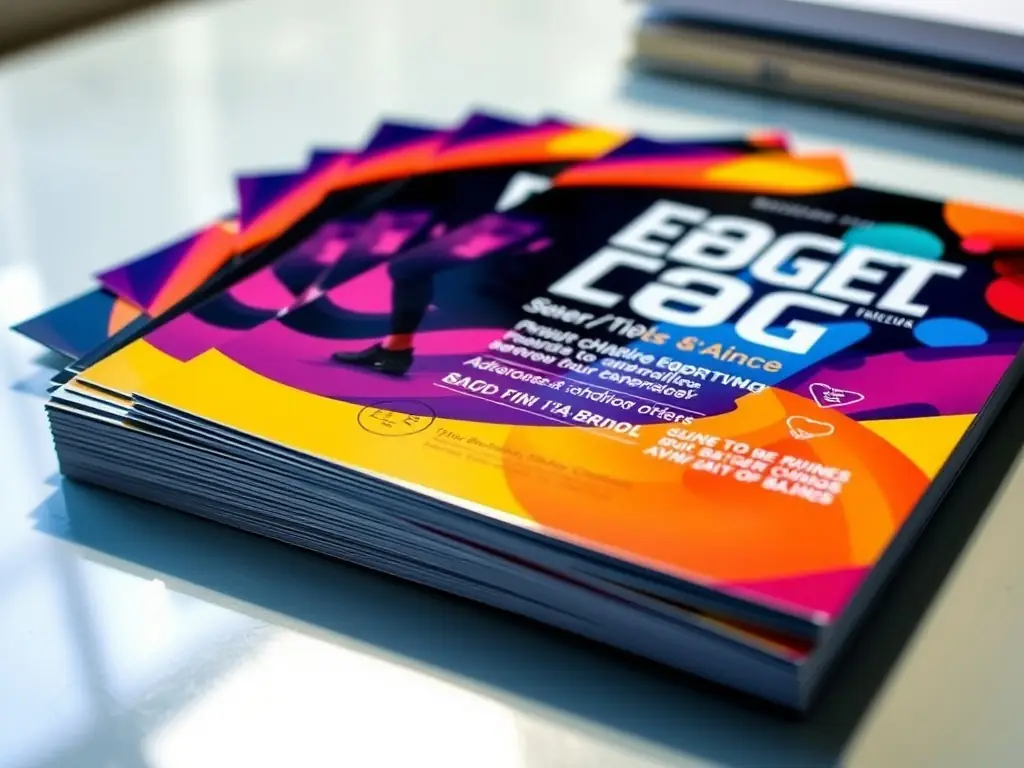 A stack of flyers printed by POWER PRINT, demonstrating the fast turnaround time and efficient service, with a blurred background of a busy print shop.