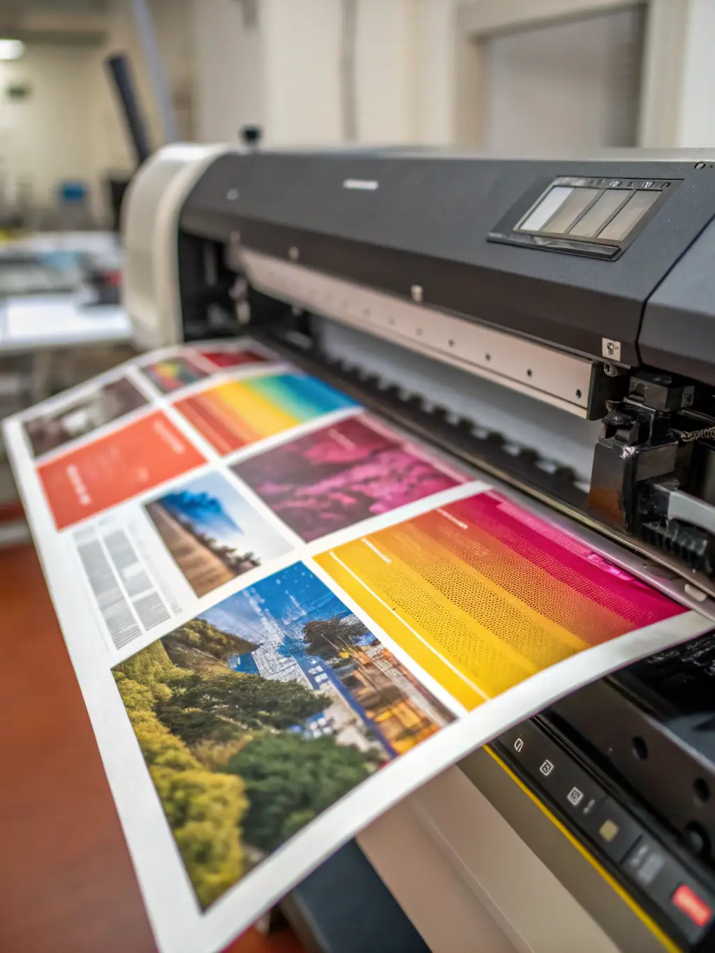 A modern digital printer with vibrant printed samples of business cards and leaflets, showcasing POWER PRINT's digital printing capabilities.