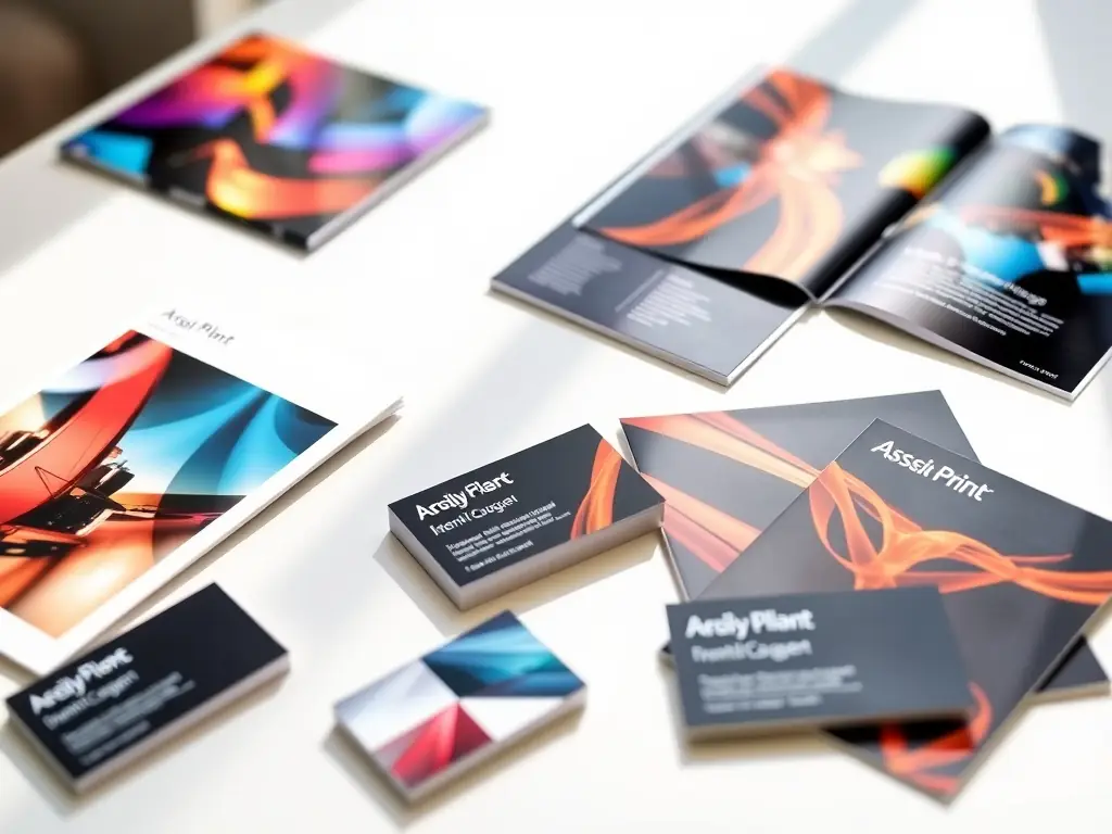 A professional showcasing a set of brochures printed by POWER PRINT, highlighting the crisp text and vibrant imagery, in a well-lit office environment.