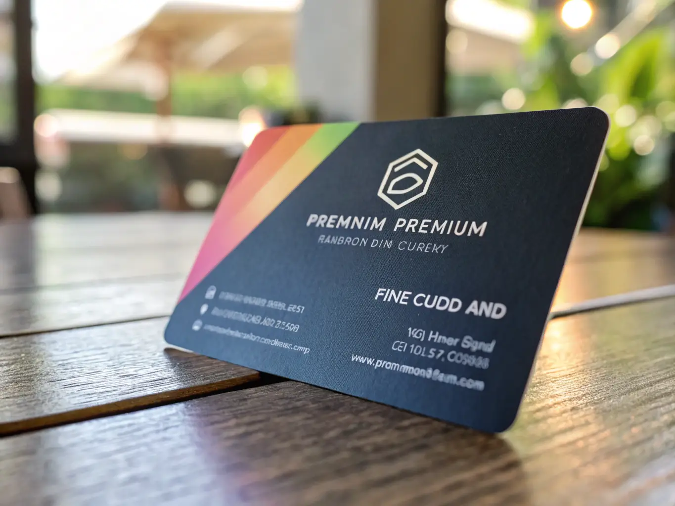 A close-up shot of a vibrant, high-quality business card printed by POWER PRINT, showcasing sharp details and vivid colors, placed on a clean, modern desk.