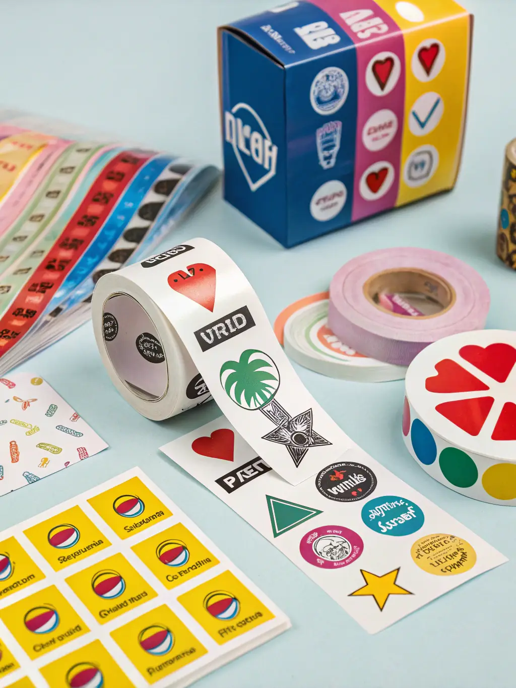 A collection of custom-printed stickers and labels in various shapes and sizes, showcasing Power Print's ability to create unique and personalized products.
