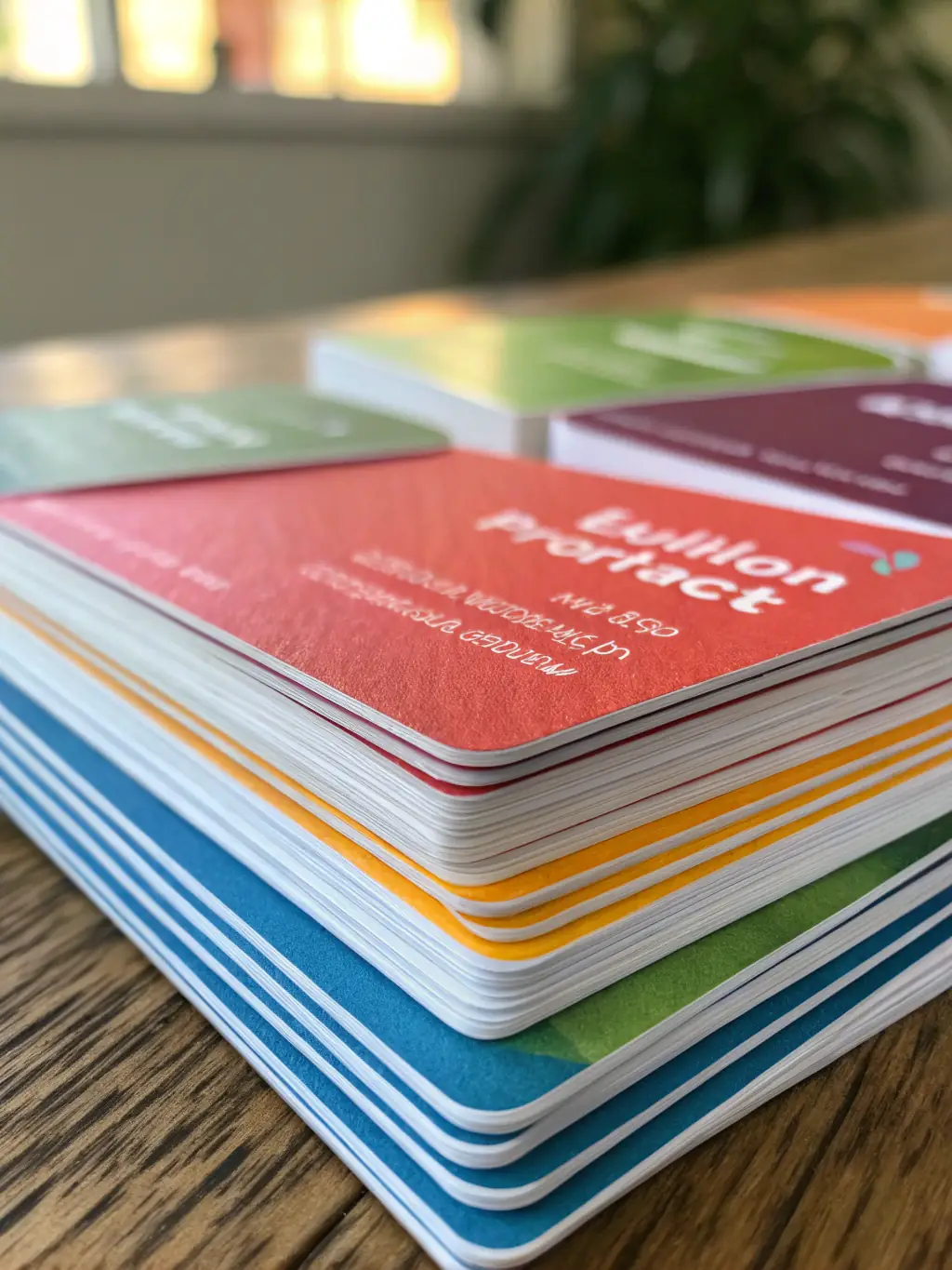 A close-up shot of a stack of freshly printed business cards with vibrant colors and sharp details, showcasing the quality of Power Print's digital printing services.