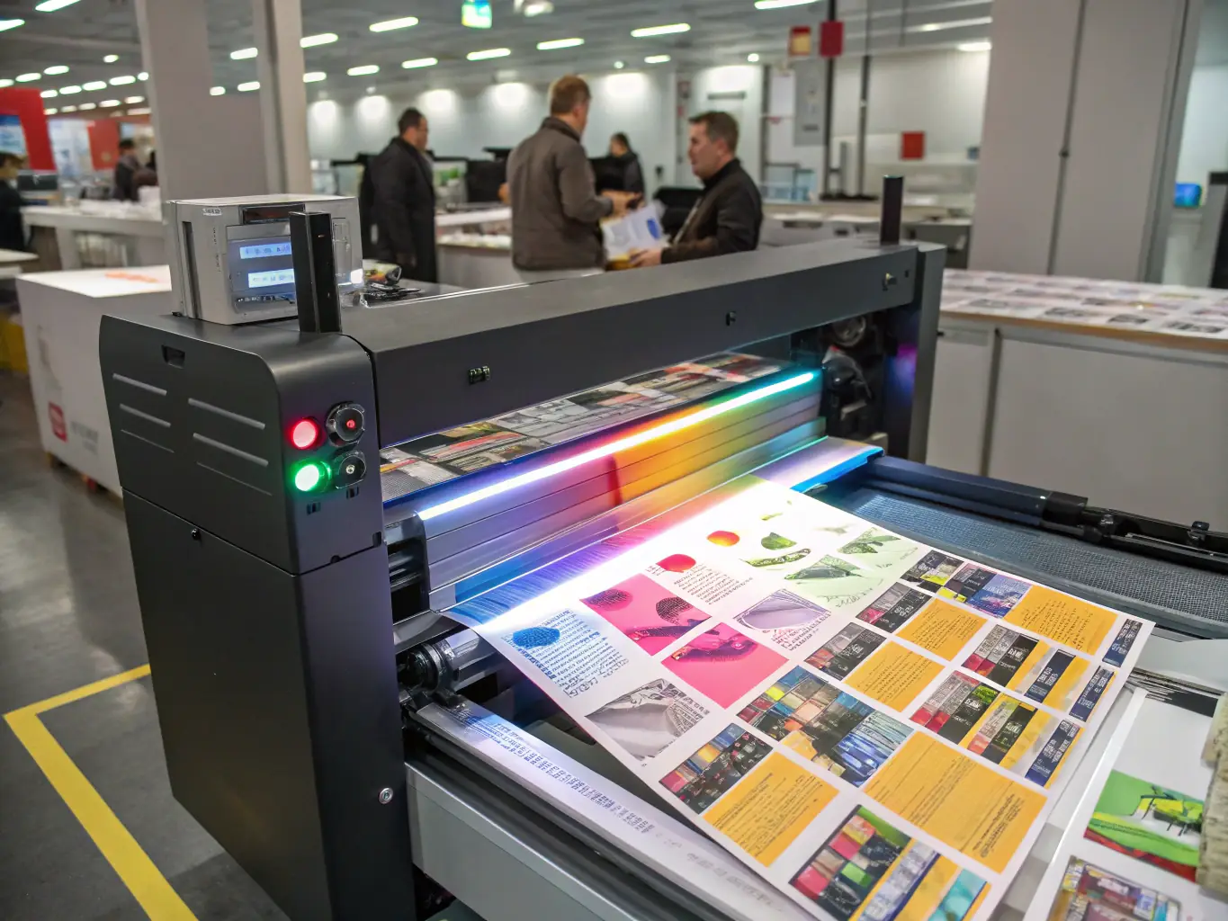A modern digital printer with vibrant printed samples of business cards and leaflets, showcasing the high-quality output of POWER PRINT's digital printing services.